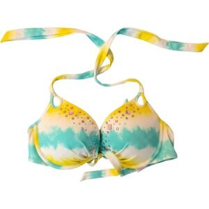 Victoria's Secret Tie Dye Rhinestone Push Up Halter Bikini Top 34C Yellow Blue